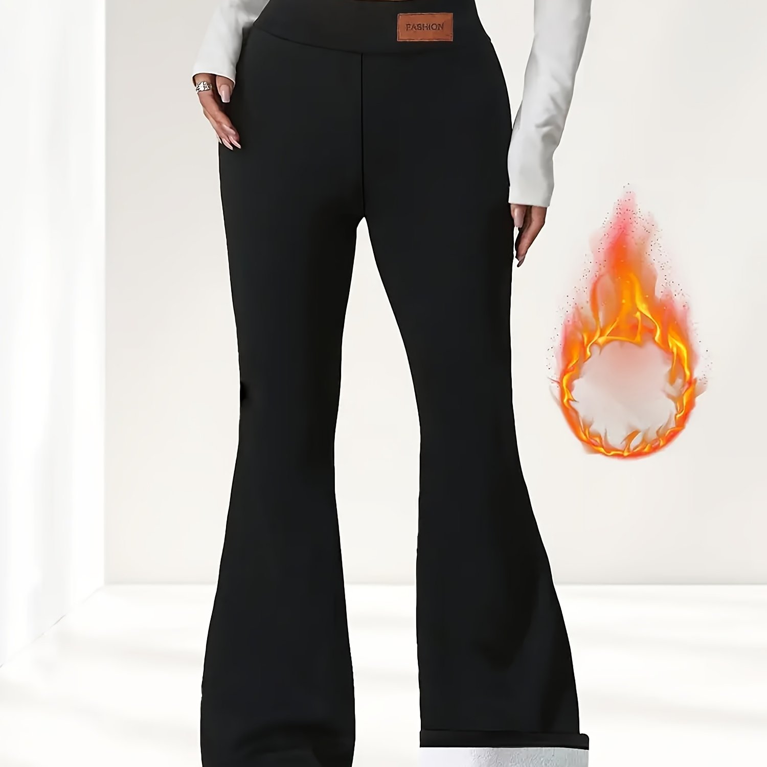 TEMU Women's High-waisted Velvet Flared Pants - , Hip Control, Thick Insulation Pants For Cold Weather, Black, Cozy Warm Trousers, Casual Wear