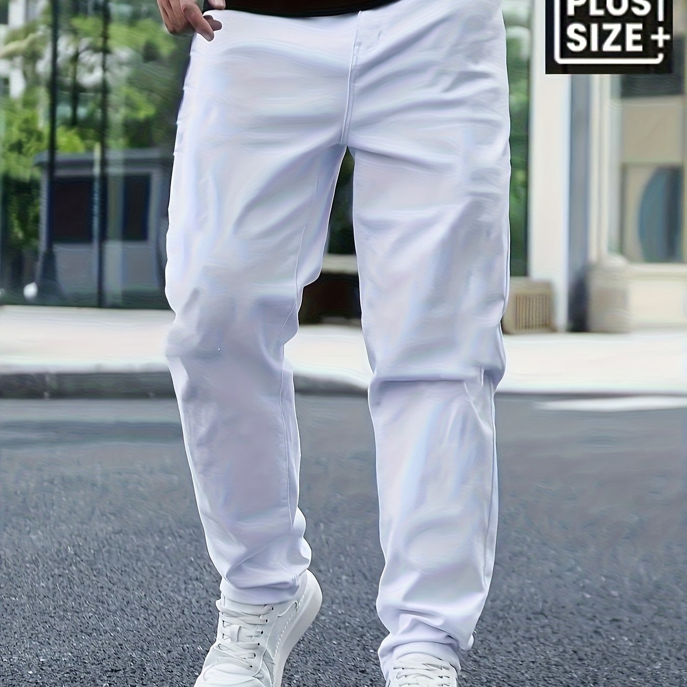 Image of Hem Plus-size Men's Denim Pants, Stretchy Straight-leg Versatile Style, Machine-washable And Durable, Large Size Mid-rise Stretchy Straight Fit, Streetwear, Plus Size
