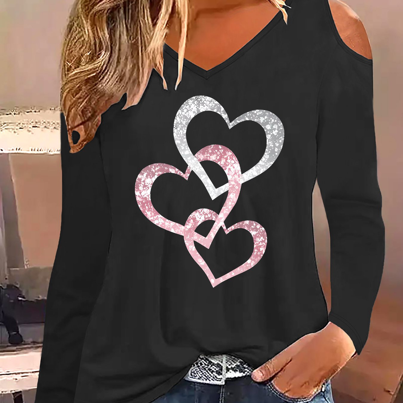 TEMU Graphic Print T-shirt, Long Sleeve V Neck Casual Top For Spring And Fall, Women's Clothing