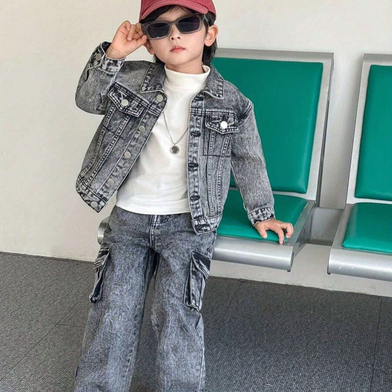 2pcs Set Young American Streetwear Vintage Washed Jacket And Casual Straight-leg Jeans, For Outdoor