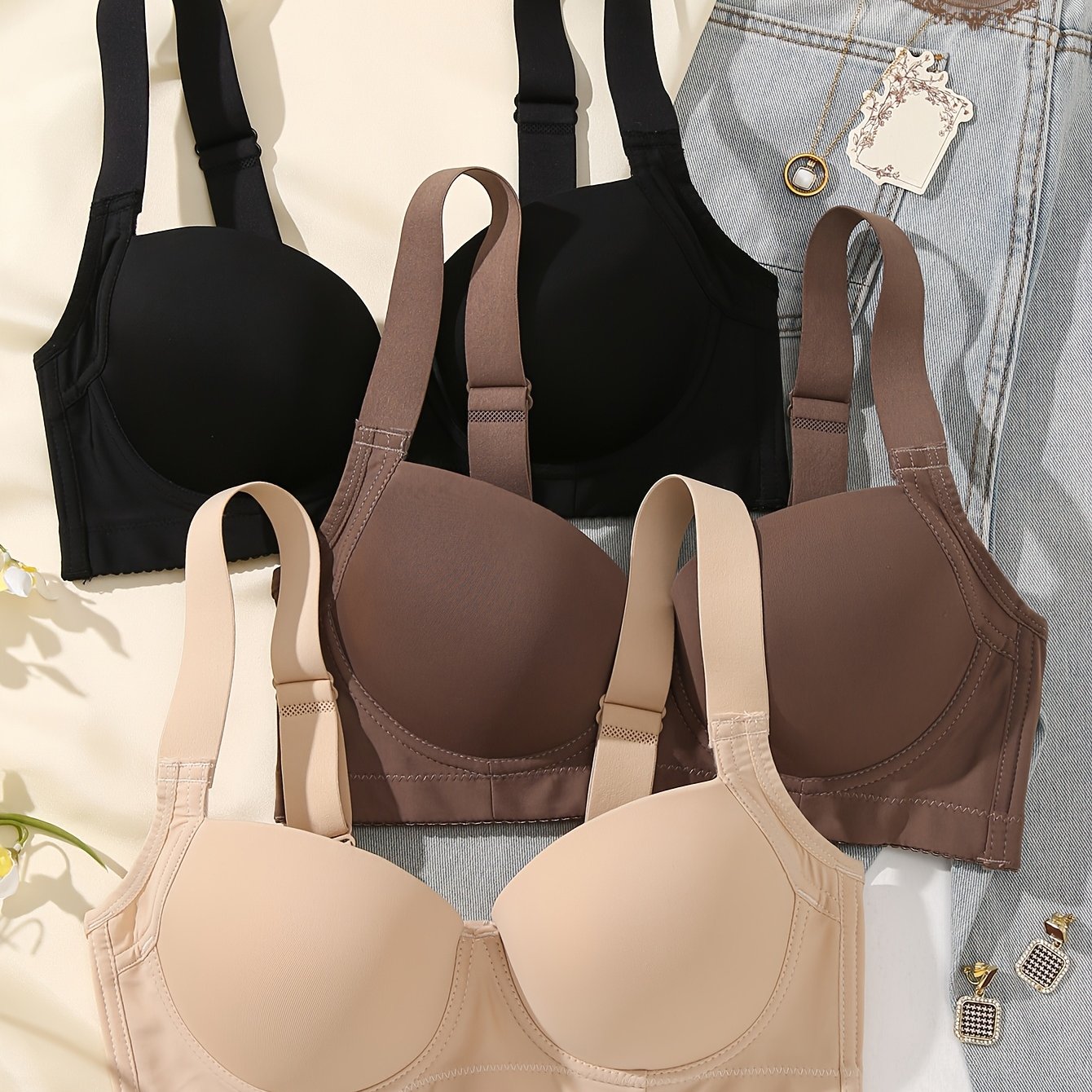 TEMU 3pcs Skin-friendly Comfortable Women's Push-up Seamless Bra Set