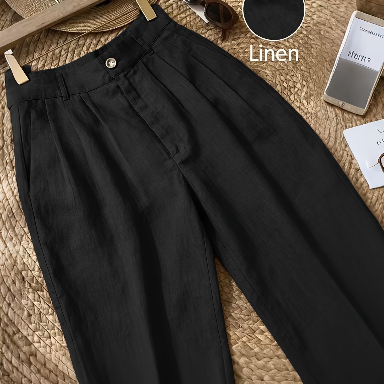 TEMU Elegant Special Women's Stylish And Fashionable Design Casual Solid Color Pants With Pockets, Breathable And Comfortable Linen Wide-leg