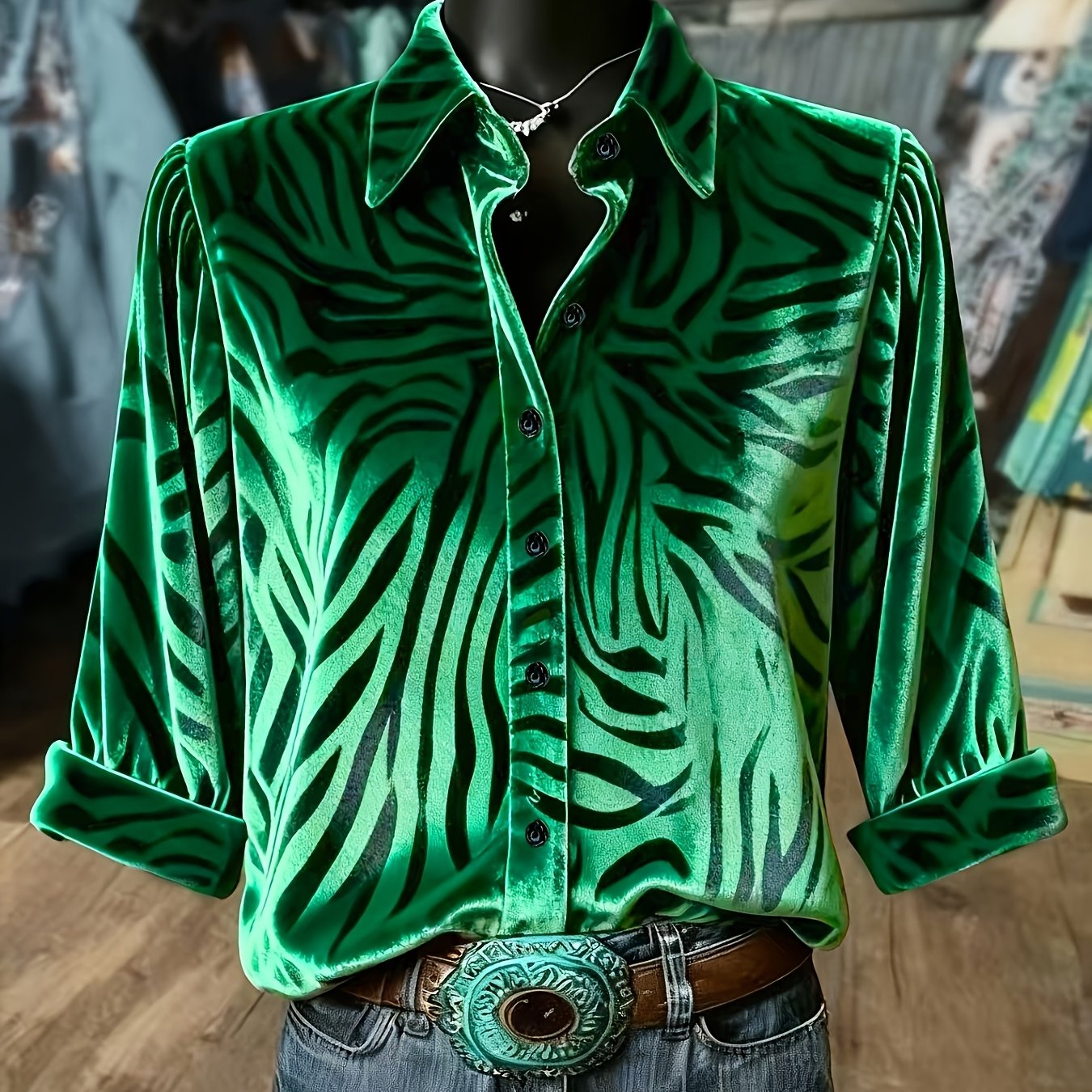 TEMU Animal Print Collar Three-quarter Sleeve Velvet Top