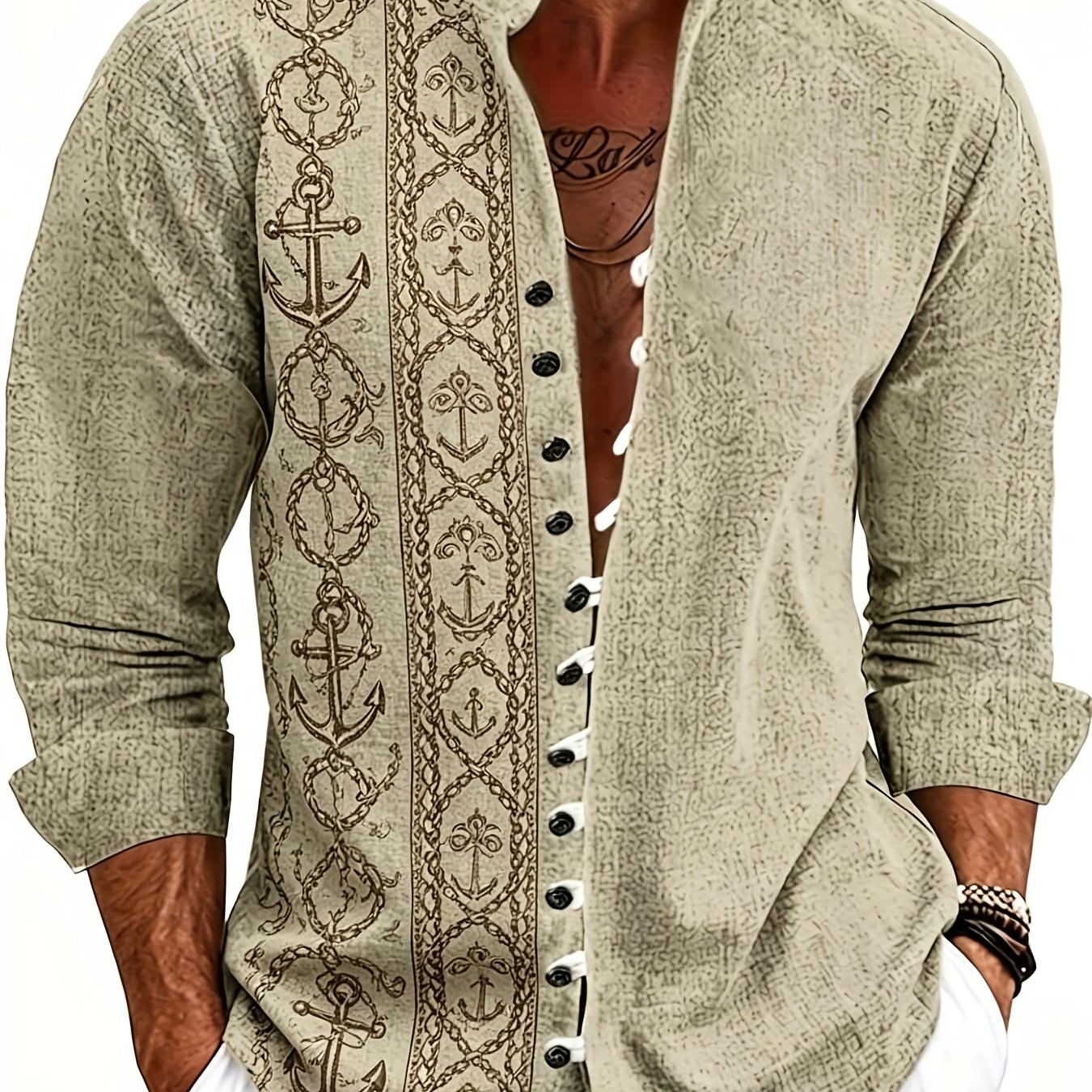 Image of Men's Casual Shirt Faux Linen Print Stand Collar Long Sleeve Button Shirt Bohemian Ethnic Tribal Street Style Tops For Beach Vacation Summer And Wear