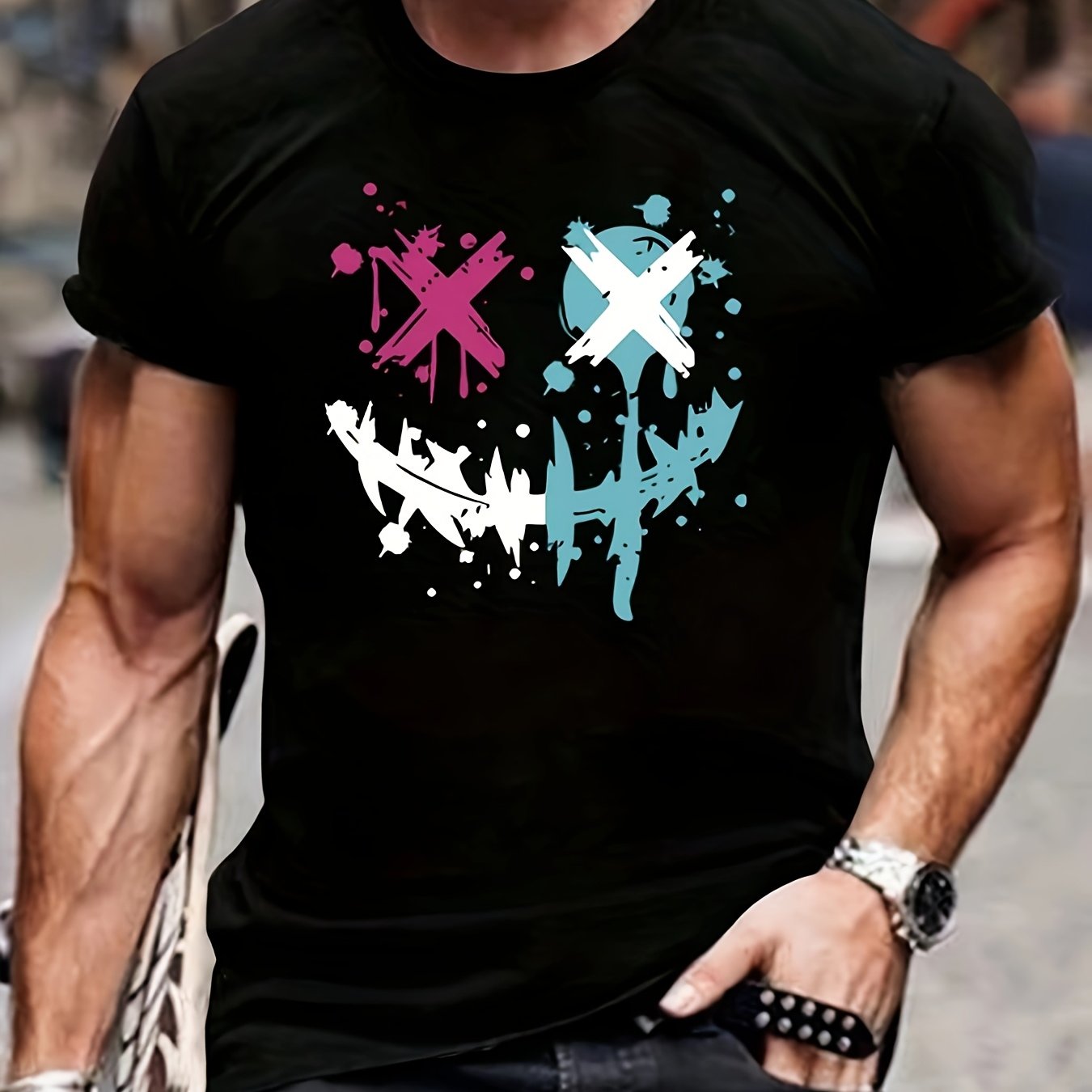 Image of Men&;s Geometric Print T-shirt - Summer Casual & Business Casual Short Sleeve Tee With Pink/ Design, Regular Fit Round Neck, Hand Wash/, Modern Aesthetic Shirt, Breathable Fabric