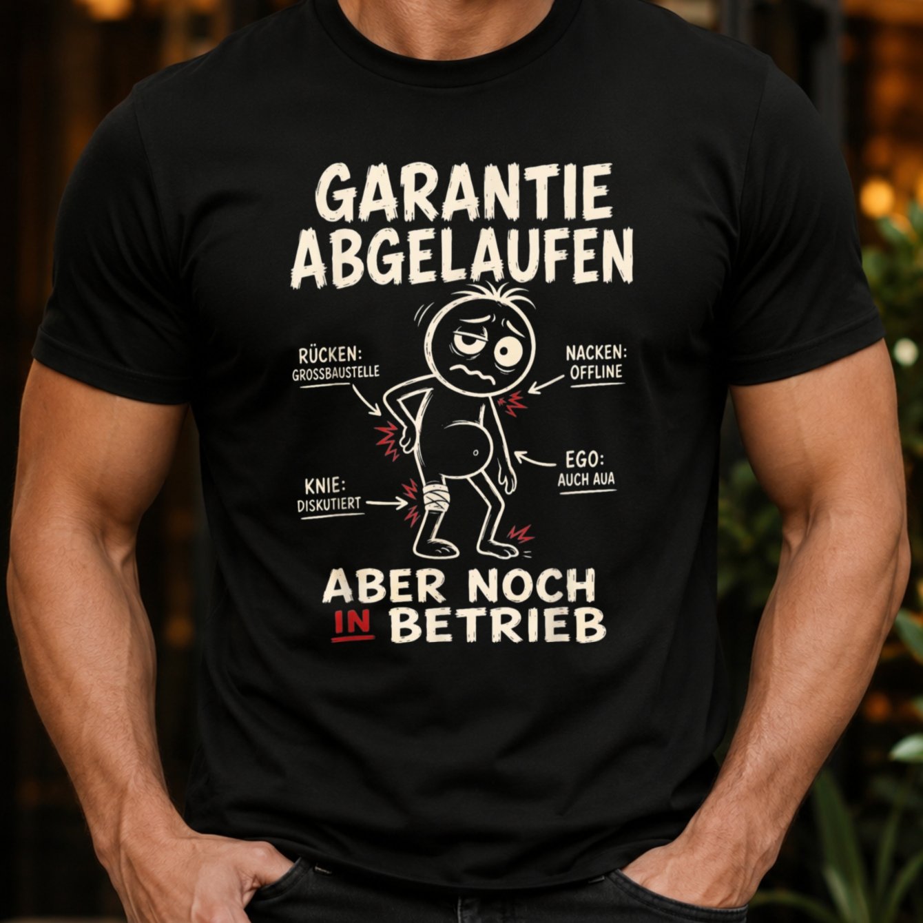 Men's Funny German T-shirt "garantie Abgelaufen" Expired Humor With Aching Cartoon For Man & Body Repair Print - Loose Fit Round Neck Casual Novelty Gift Suitable For, German Language