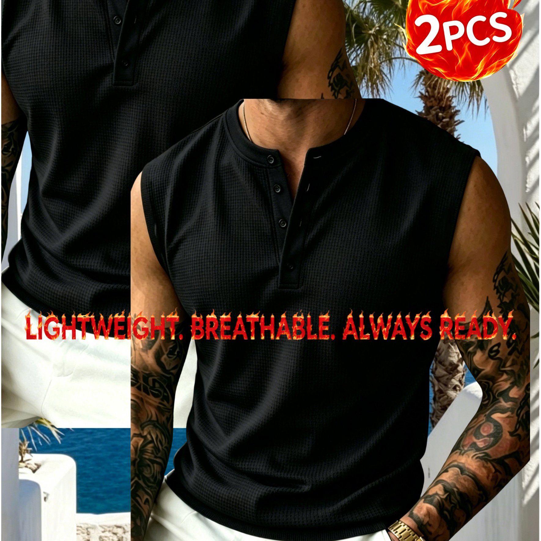 TEMU 2pcs Summer Men's Breathable Henley Collar Sleeveless T-shirt, Men' Color Half-button Design, Suitable For Casual And Sports Wear