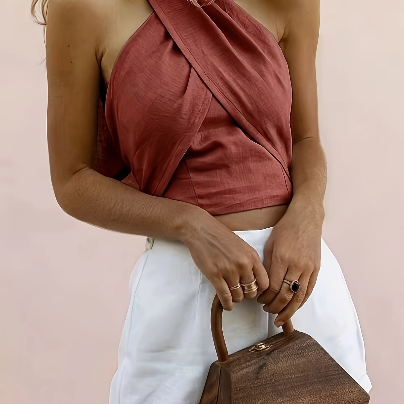 Image of Women's Y2k Solid Color Cross Strap High Neck Top - Summer Short Sleeve Blouse With Crisscross Detail, Machine Washable Shirt, Warm Weather Clothing