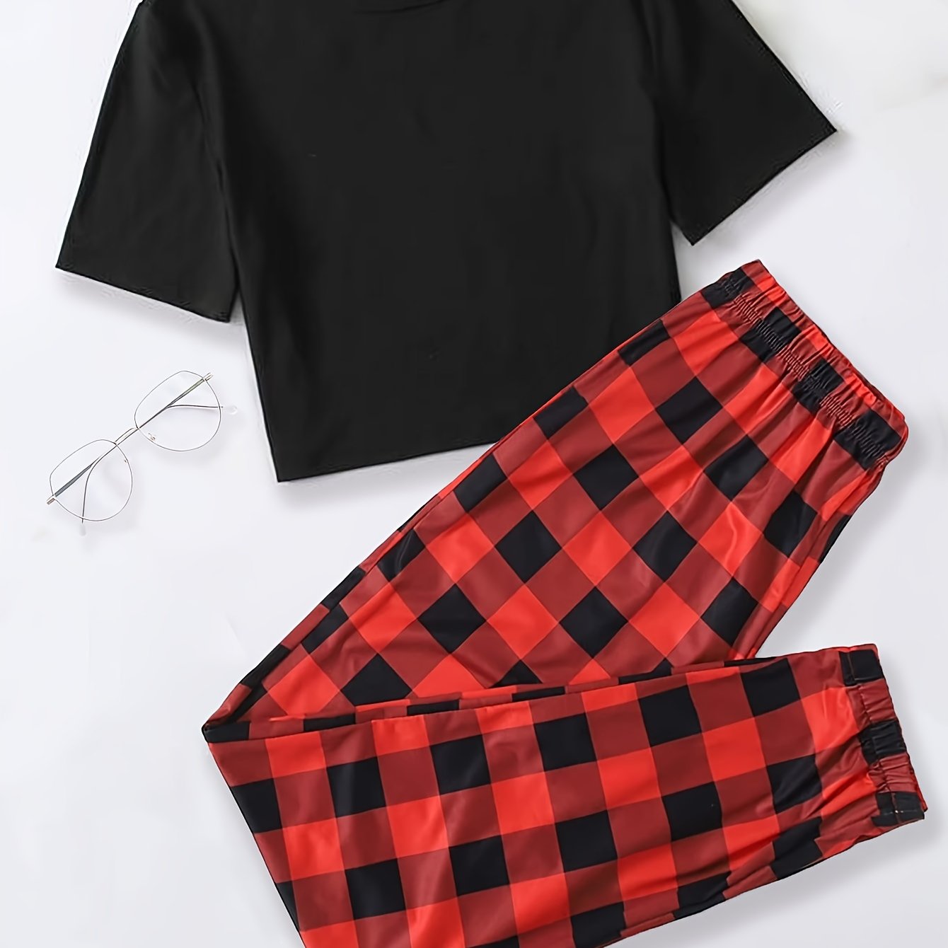 Plaid Print Pajama Set Short Sleeve Crew Neck Top Elastic - Temu