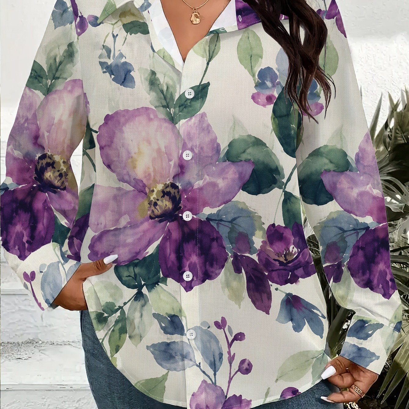 TEMU Women's Plus Size Long Sleeve Shirt Cardigan Loose Fit Lapel Single Breasted Blouse Fashion Watercolor Floral Office Daily Wear 1xl-9xl