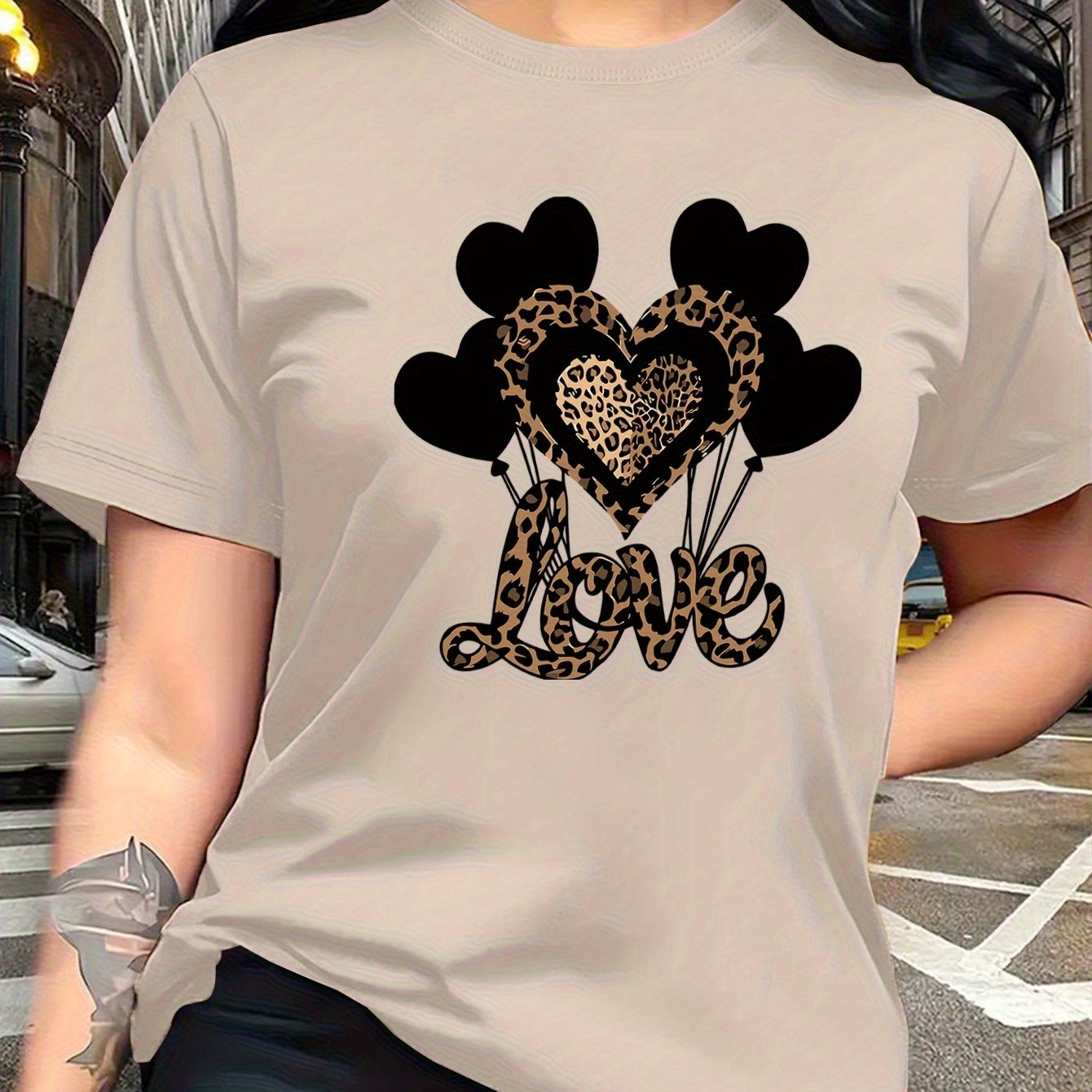 TEMU T-shirt da donna casual a maniche corte con , motivo a forma di cuore con stampa leopardata , facile e versatile per , i viaggi e le vacanze