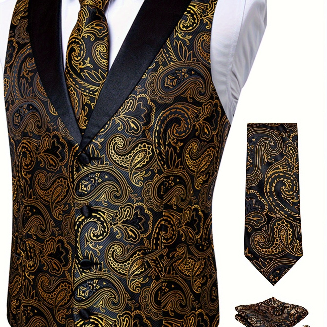 E-shop Luxus Herren-Grau Paisley Weste Business Elegante Anzugweste für Hochzeit Party mit Modischer Krawatte, Einstecktuch Manschetten
