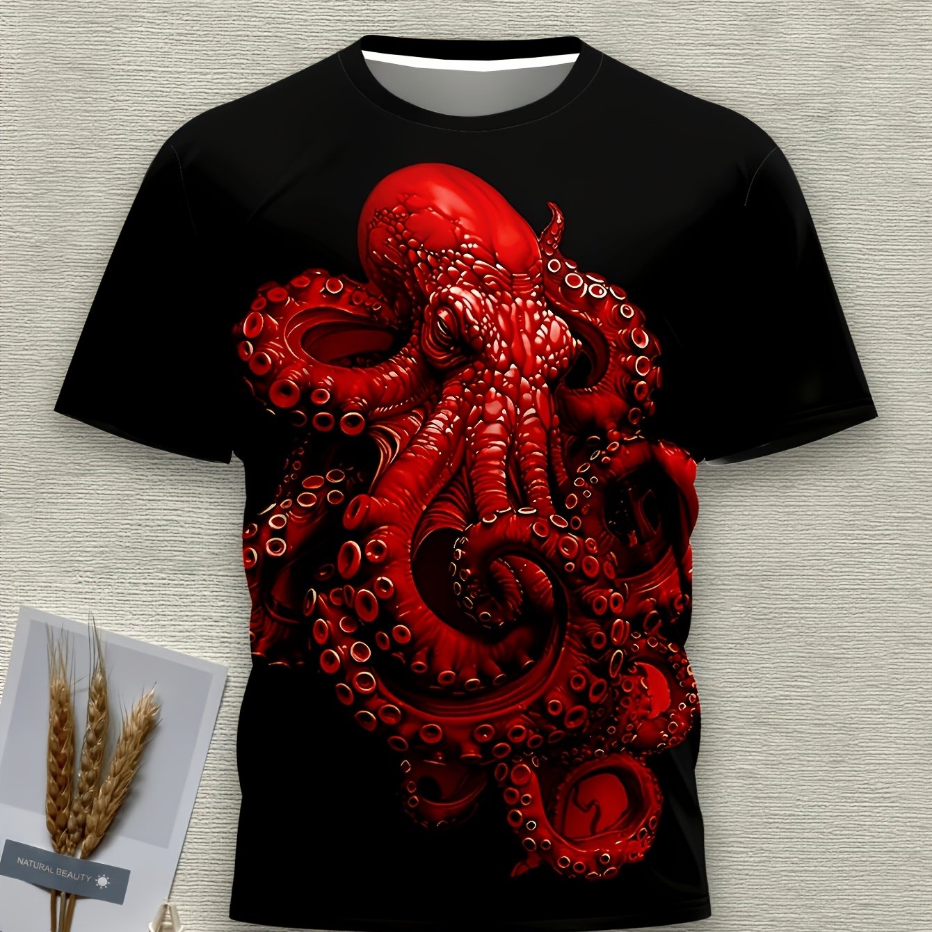 TEMU [printed Design-nottextured]a Lai Men's [printed Design-nottextured] Printed Octopus Graphic T-shirt - Black With Tentacle Design, Short Sleeve