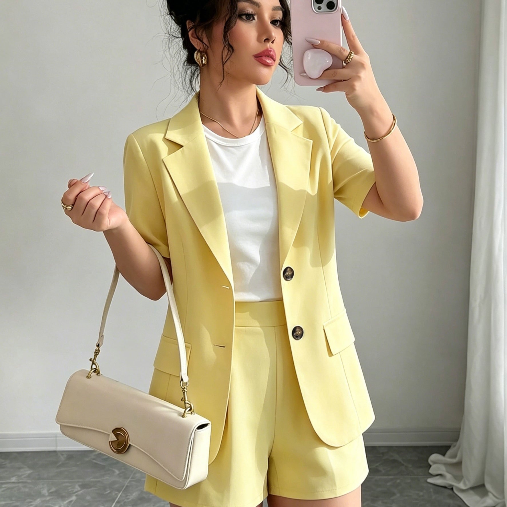 TEMU Elegant Casual Commuter Suit Set, Includes Solid Color Short-sleeve Blazer And Shorts/wide-leg Pants, Women's Spring/summer Style