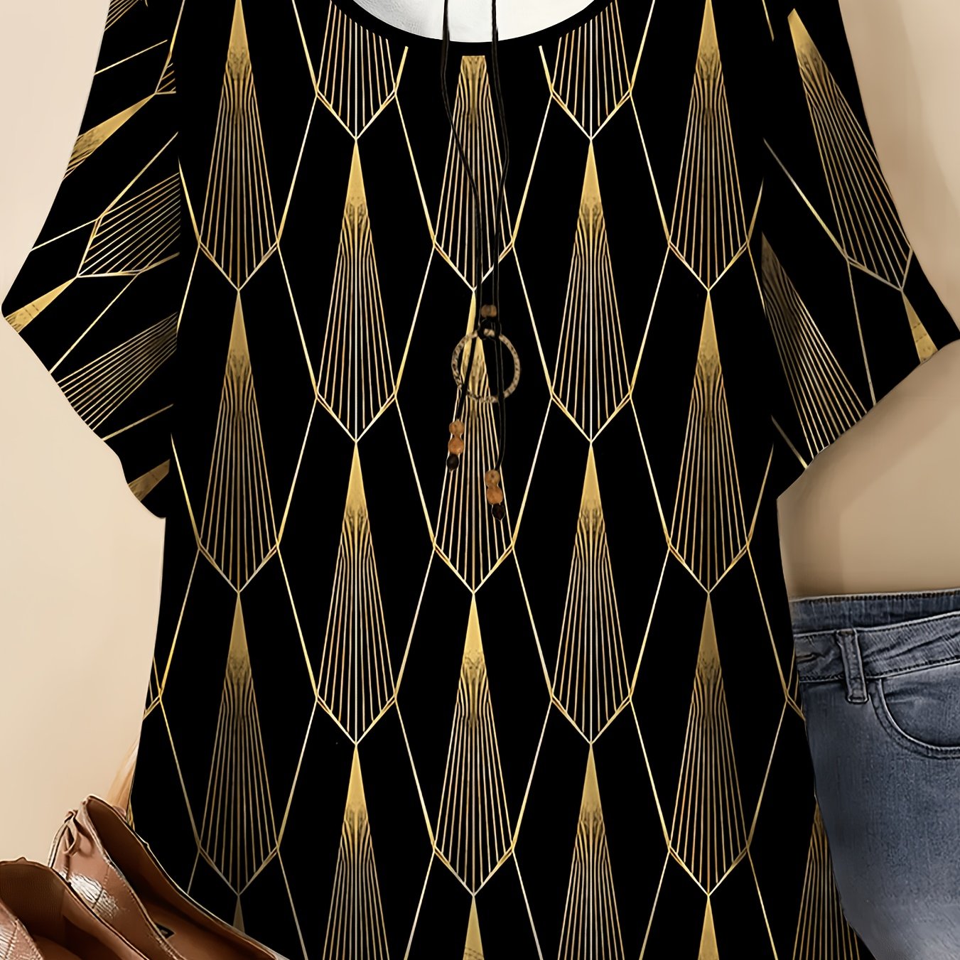 TEMU Black Geometric Pattern Short Sleeve Top, Women's Loose T-shirt, Fashionable And Versatile Style