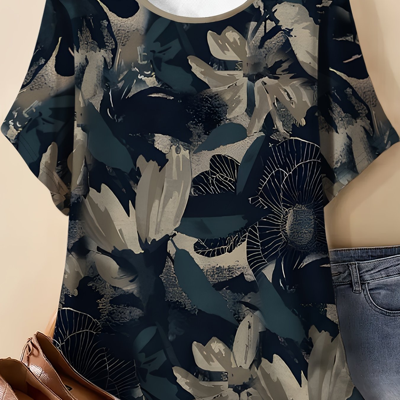 TEMU Floral Print Loose Short-sleeved Top, Women's Summer Casual Pullover, Loose And Comfortable Batwing Sleeve T-shirt