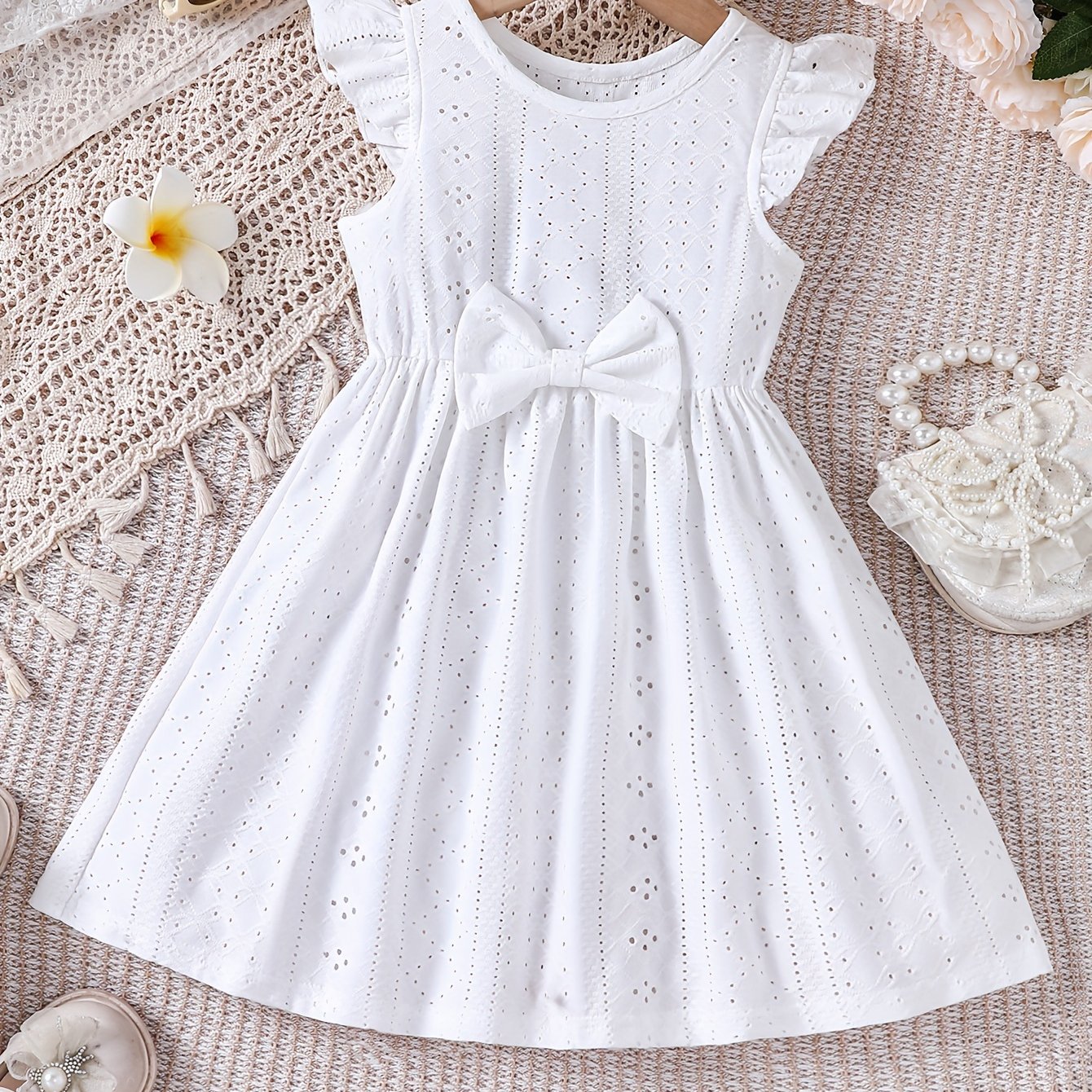 Image of Girls' New Summer Fashion Hollow-out Puff Sleeve Bow White Dress