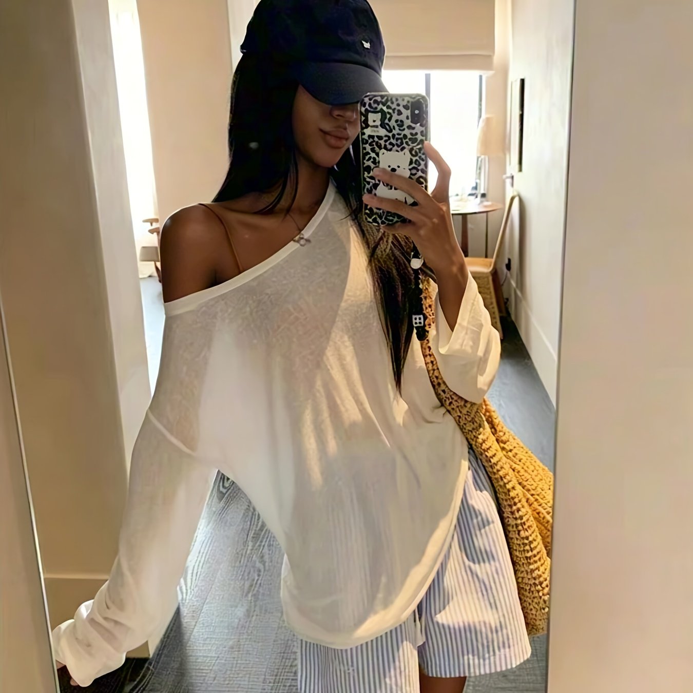 TEMU Loose Textured Long Sleeve T-shirt Women's Casual Off-shoulder Sheer Thin Cover-up Blouse Casual Base Layer Top