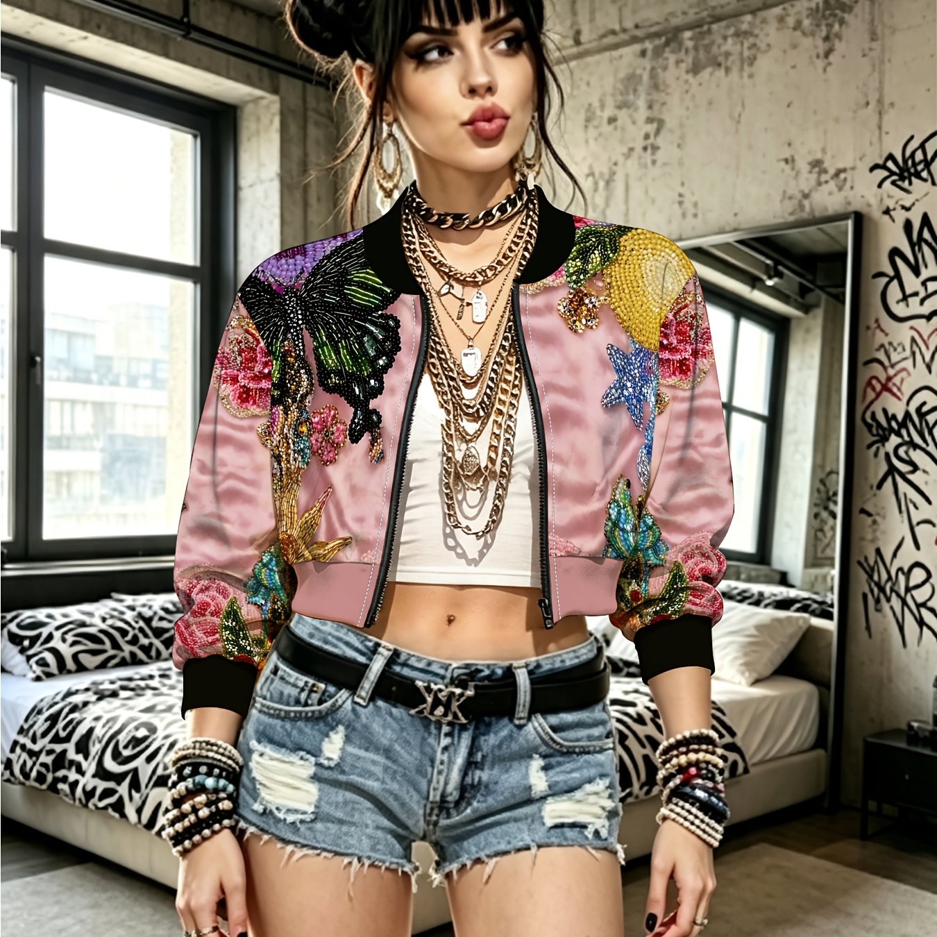 TEMU Beaded Floral Sun Pattern Women's Zip-up Short Jacket High-waist Casual Jacket High-waist Baseball Jacket Good Drape Non-deformable Individual