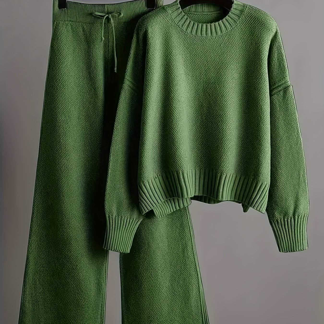 TEMU Women's 2026 Early Autumn Comfortable And Breathable Waffle 2pcs Set: Crew Neck Drop Shoulder Long Sleeve Pullover And High-waist Wide-leg