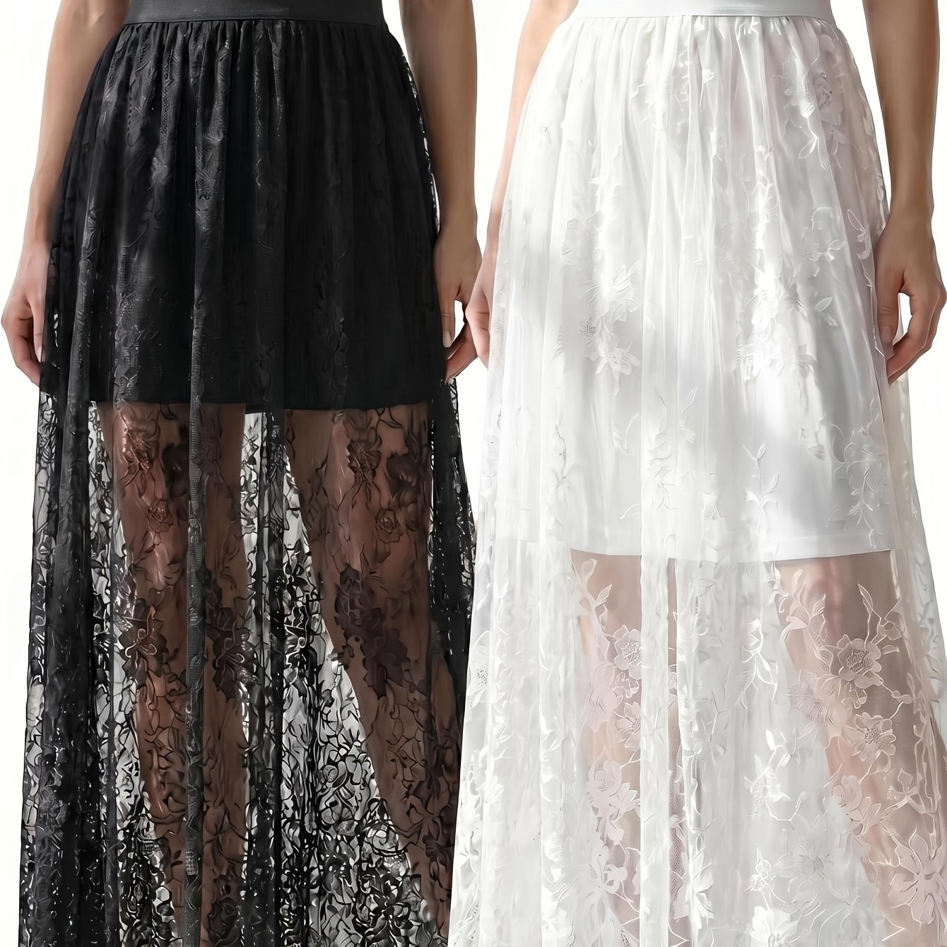 TEMU 2pcs Set Women's Inner Slip Skirt Lace Half Skirt, Spring Summer Autumn Winter Long Mesh Semi-transparent Base Dress Inner Wear Outer Wear Half