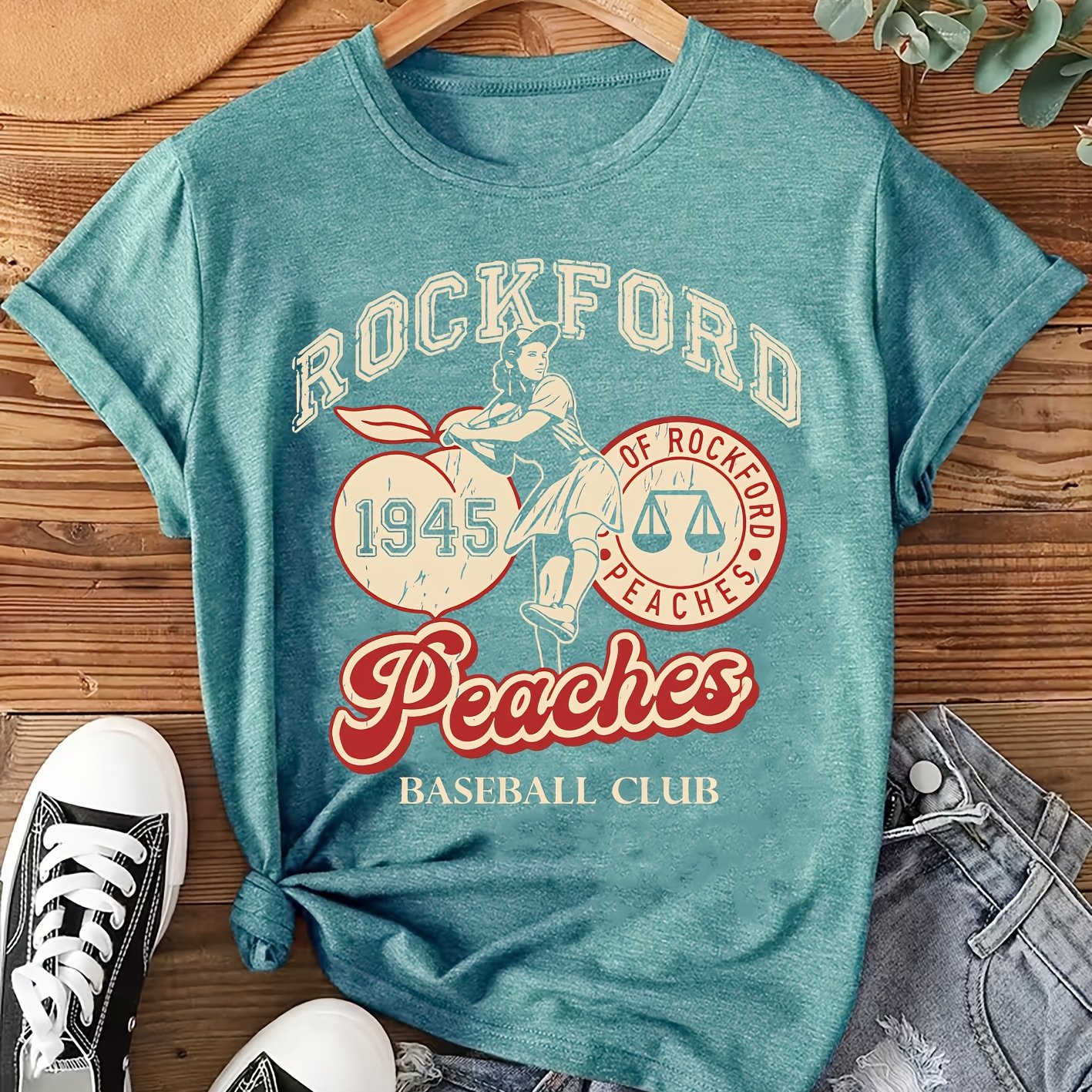 TEMU Women's Peaches Vintage Short-sleeve T-shirt - Retro Print Round Neck Tee, Soft Breathable Fabric Suitable For Casual Wear, Sports Events &