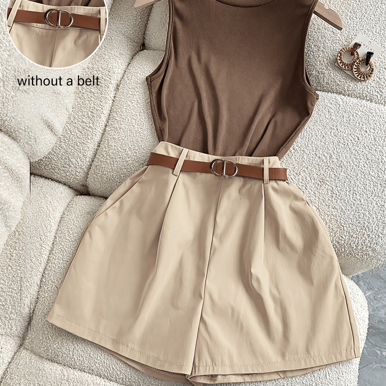 TEMU Yy260201086 Women's Summer Business Casual 2pcs Set: Sleeveless Round Neck Tank Top With No Waist Belt Decoration, Casual Wide-leg Shorts