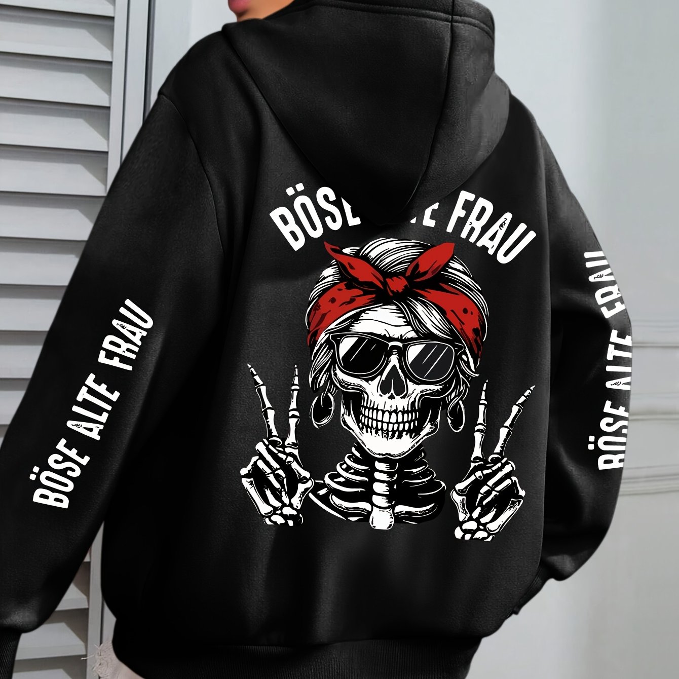 Plus Size - Plus Size - Plus Size Skull And Bones Print Hoodie, Casual Long Sleeve With Pocket Hooded Sweatshirt For Winter And Fall, Designed For Women, Women's Plus Size Clothing