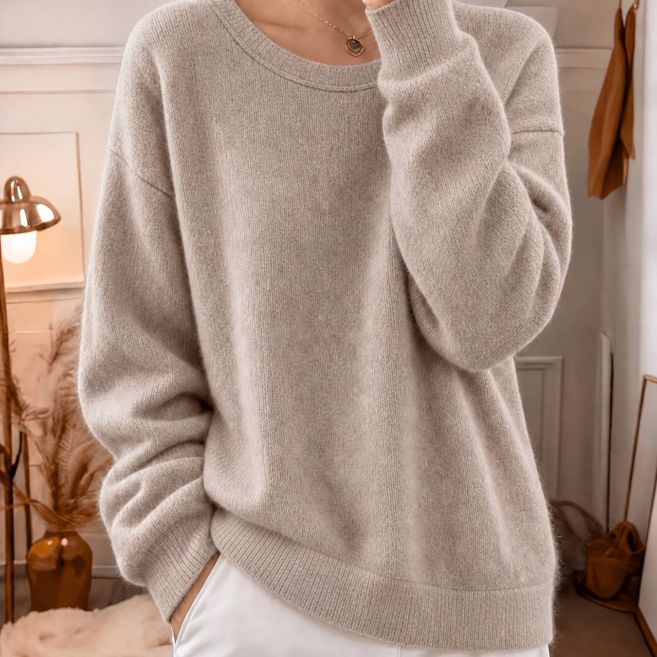 TEMU Women's Winter Warm Sweater Solid Color Crew Neck Sweater Suitable For Parties, Family Gatherings & Daily Wear - Machine Washable Cozy Sweater