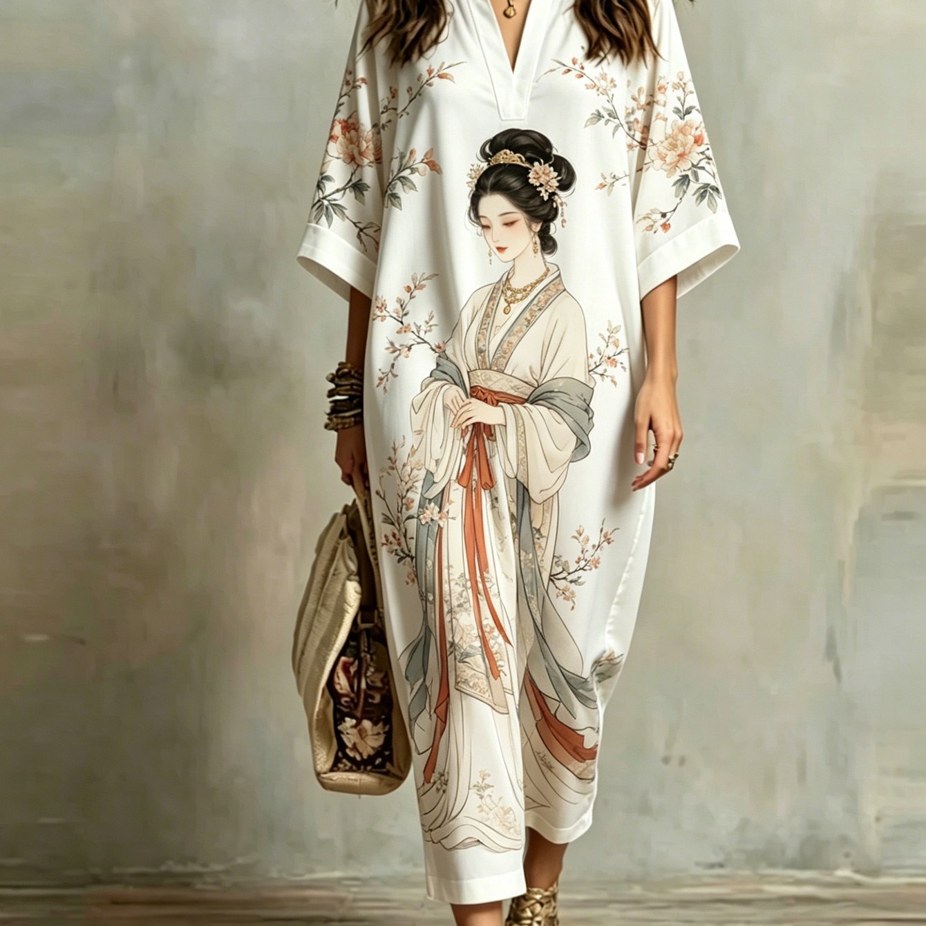 Plus Size - Ancient Beauty Peach Branch Print Lapel -sleeve Loose Maxi Dress, -friendly Gentle New Chinese Style Vacation Long Dress Perfect Gift Pick