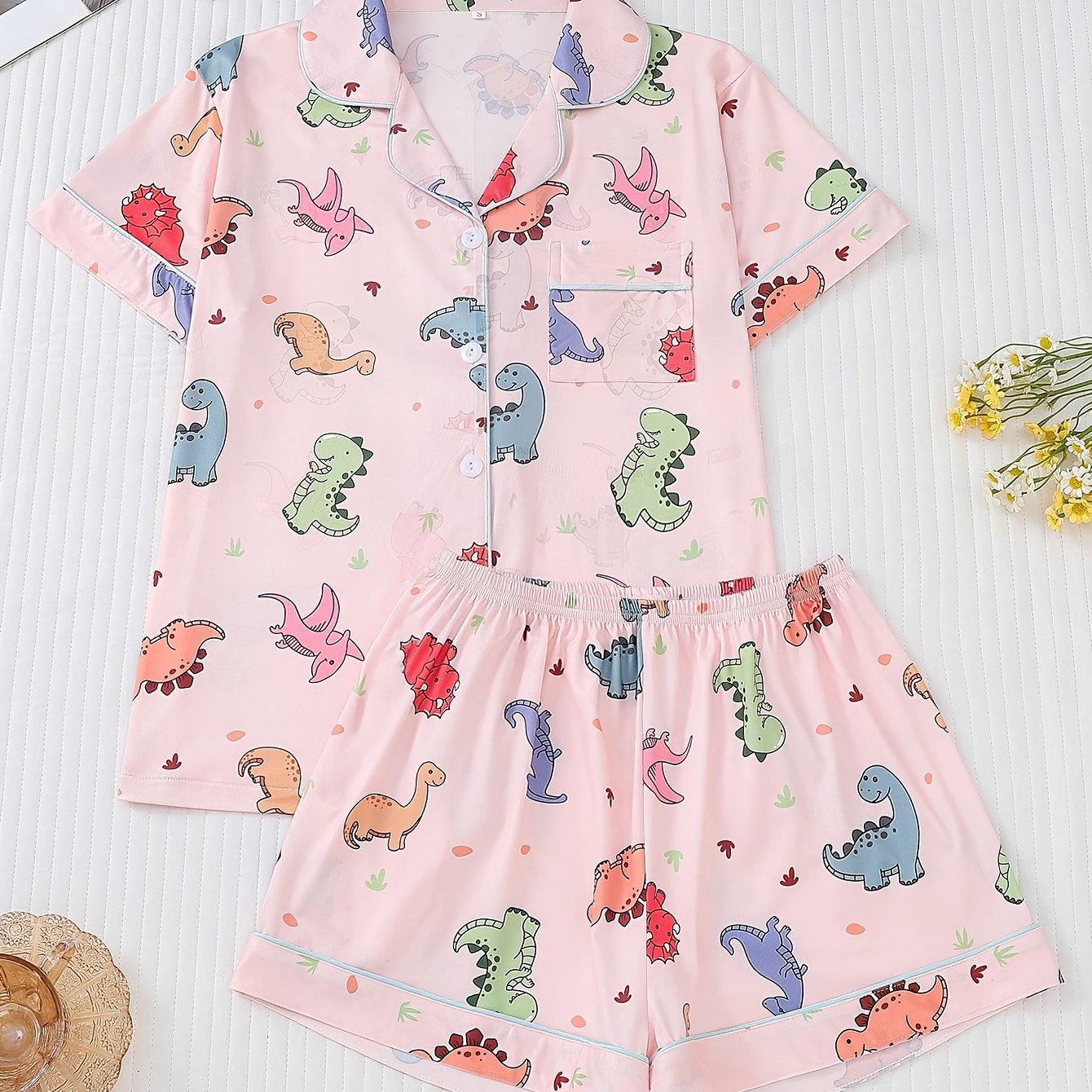 E-shop Pflegeleichtes, Damen Süßes Dinosaurier-Pyjama-Set - Bequemes Kurzarmhemd mit Knopfleiste & Shorts mit Elastischem Bund, Ganzjahres-Loungewear