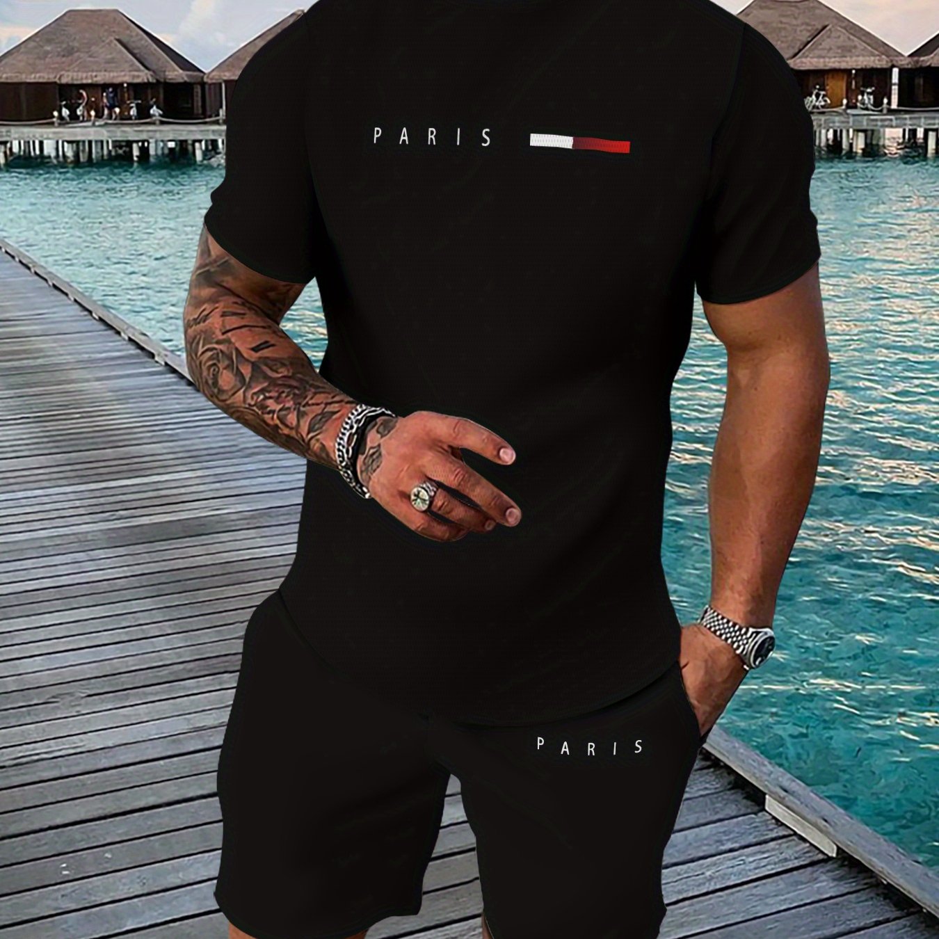 Men's Breathable Outdoor Casual T-shirt And Shorts Set, Summer 3d Printed Leisure Sports Outfit For Adults