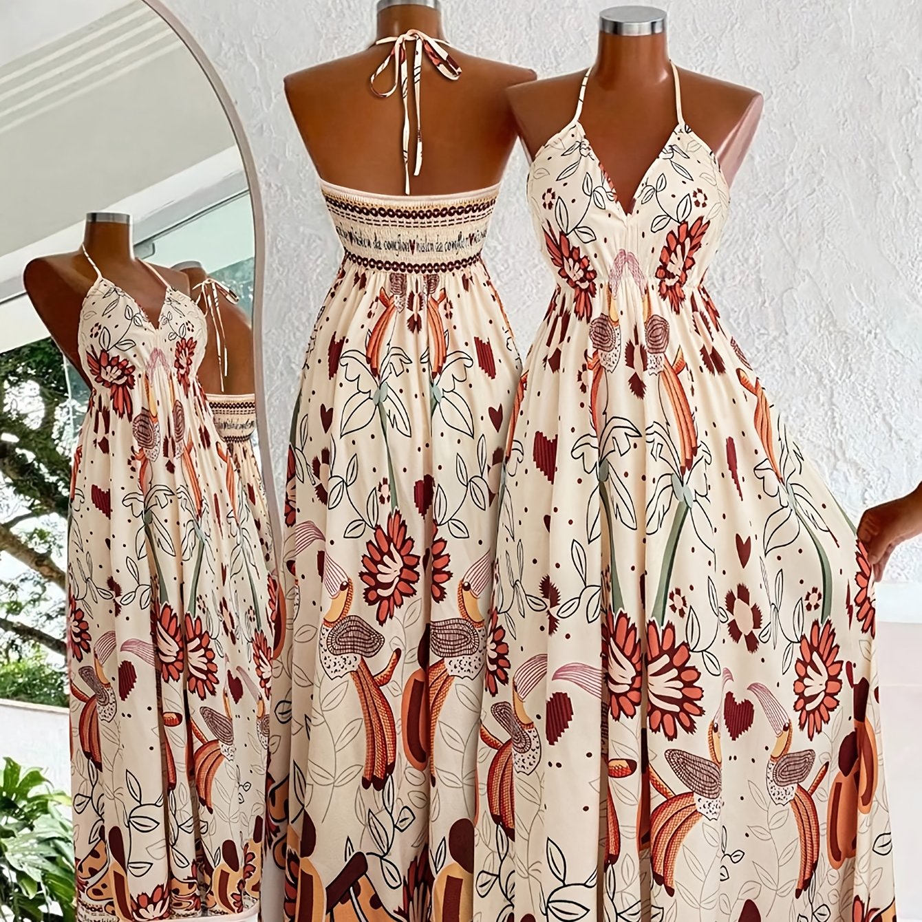 TEMU Women's V-neck Floral Print Backless Thin Strap Halter Dress