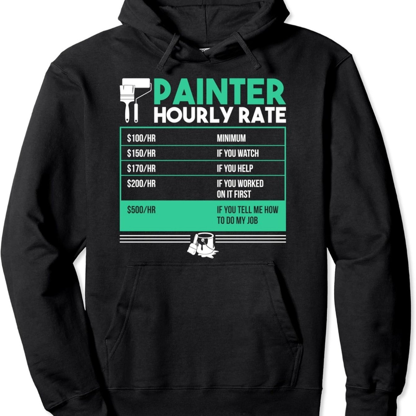 TEMU Funny Painter Hoodie Sweater - Painter Rate Funny Graphic (e.g. "$100-$300/hr") - Black With Teal Text - Soft Pullover For Painters, Artists,