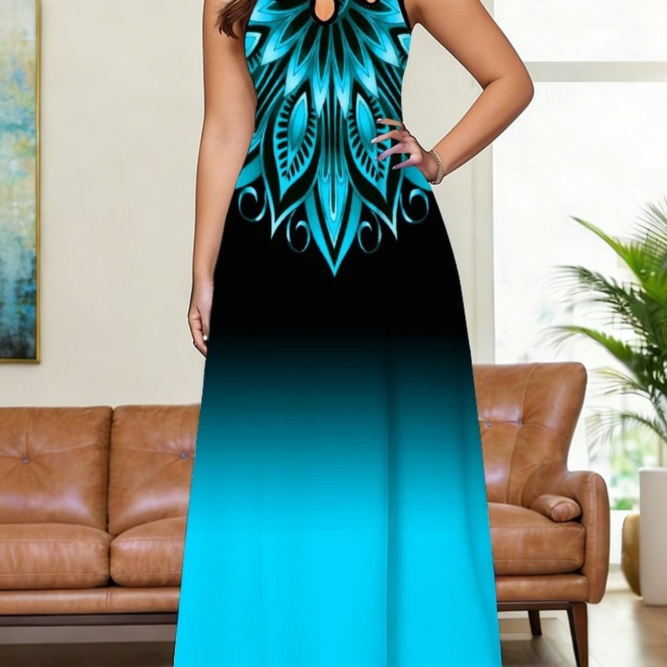 Plus Size - Women's Dress, Women's Plus Size Dress, Geometric Style Pattern, Elegant Full Body Printing, Women's Fashion Trend, Beach Vacation , Sleeveless Chest Hole Vest Dress
