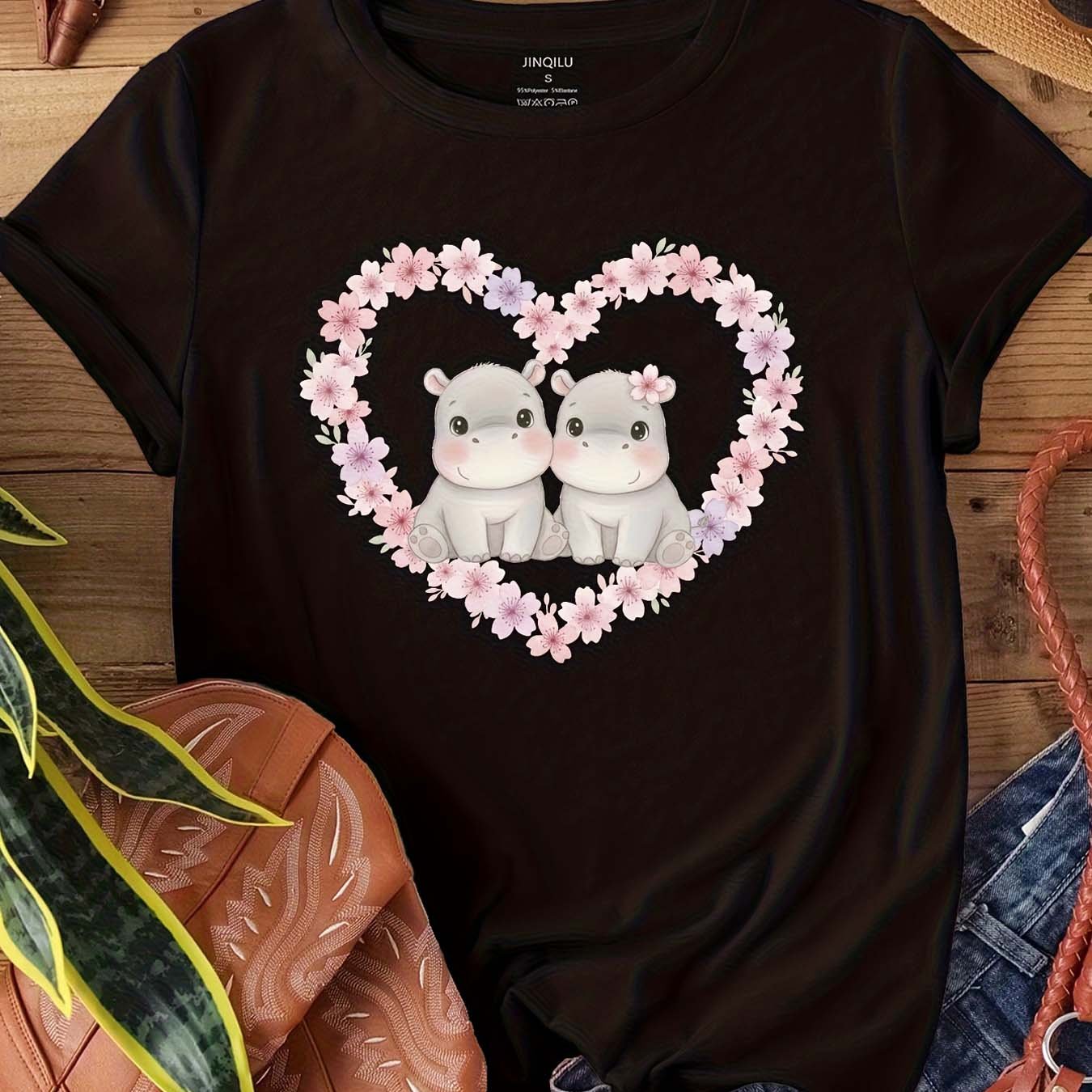 TEMU Cute Hippo Cherry Heart Print | Sweet Plus Size Short Sleeve T-shirt Women's Big Size Top | Adorable Animal Graphic Tee | Comfy Chic Apparel For
