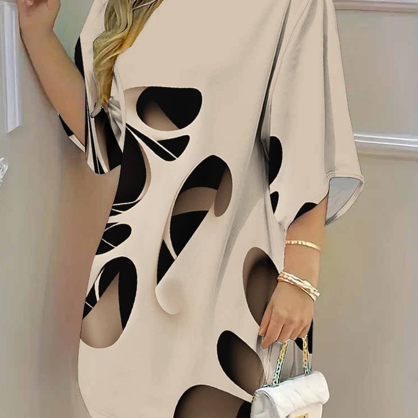 Plus Size, Women's Dress, Women's Plus Size Dress, Geometric Pattern, Bohemian Style Party Occasion, Casual Vacation, Elegant Women's Fashion Round Neck Mid Sleeve Dress