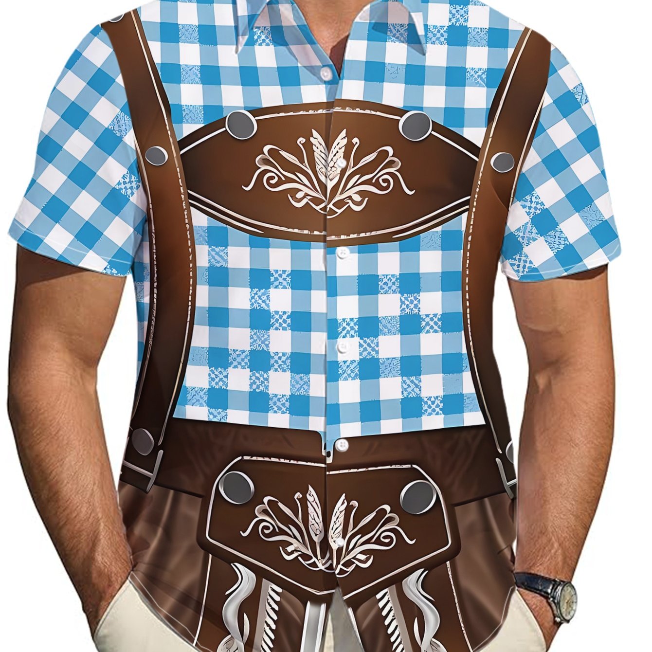 TEMU Men's Style Suspenders Pattern Short Sleeve Shirt, Polyester Casual Top, Festival Party Fashion Men's Wear, Suitable For Casual Daily Wear And