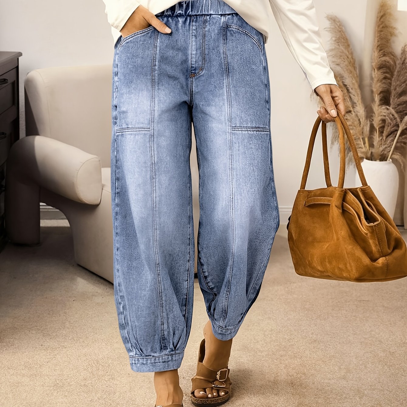 Women' Color Big Pocket Jeans, Elastic Waist Closure, Y2k Commuter Denim