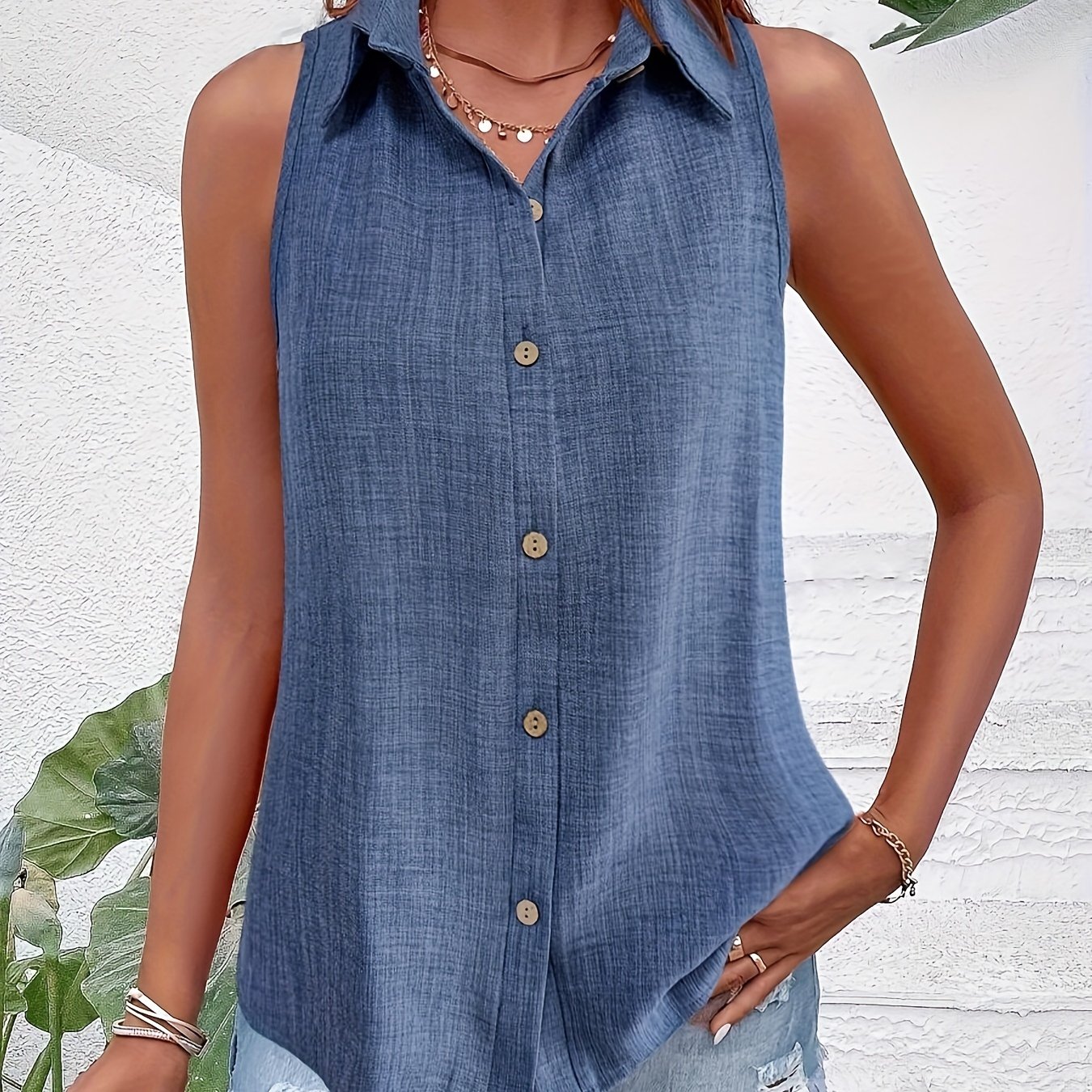 TEMU Button Front V Neck Solid Blouse, Casual Sleeveless Blouse For , Women's Clothing