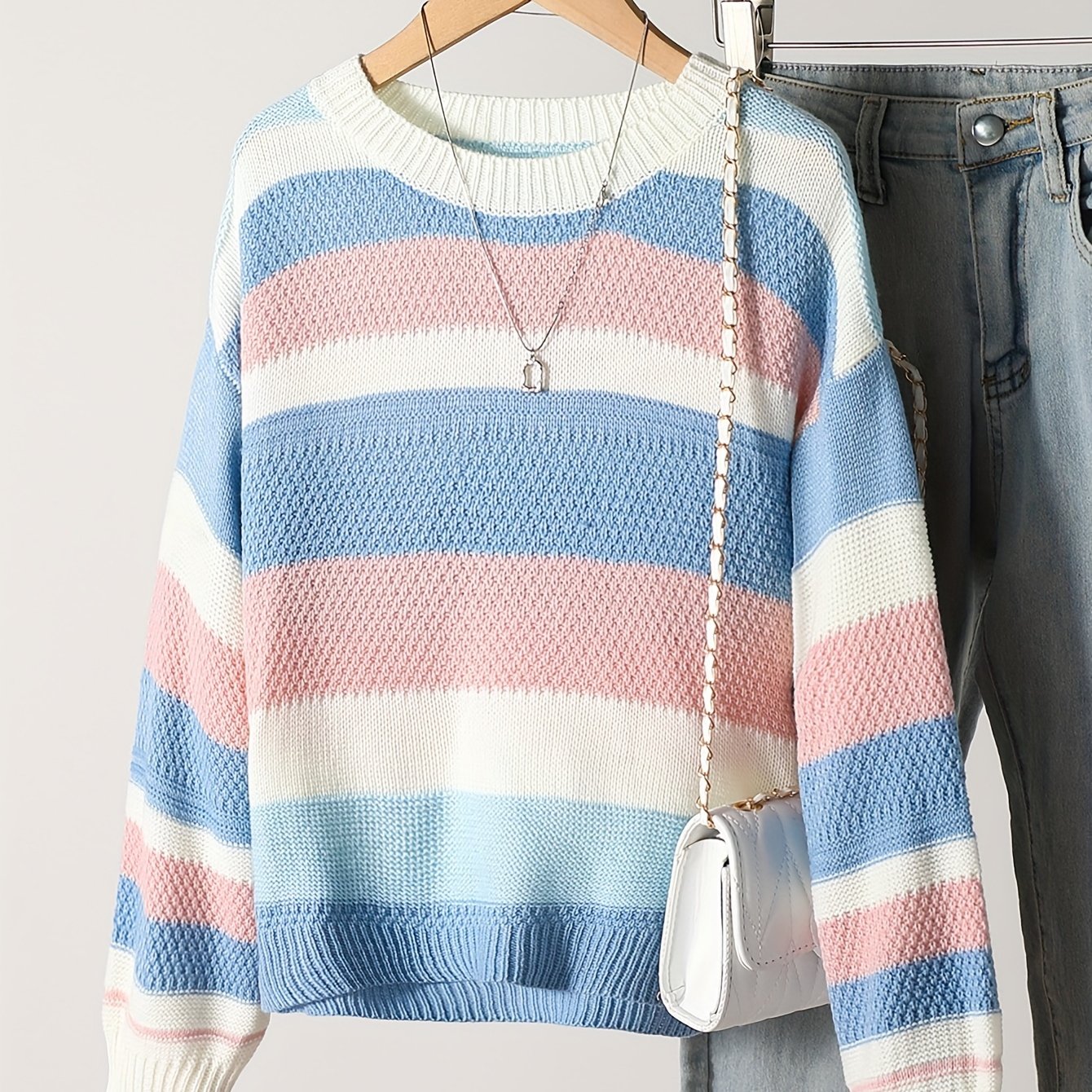 Image of Girls' Striped Sweater Color-block Knit Sweater - Round Neck Long Sleeve Blouse-compatible Suitable For Uniforms, Casual Outfits | Fall Winter Warm Pullover Top, Hand Washable For