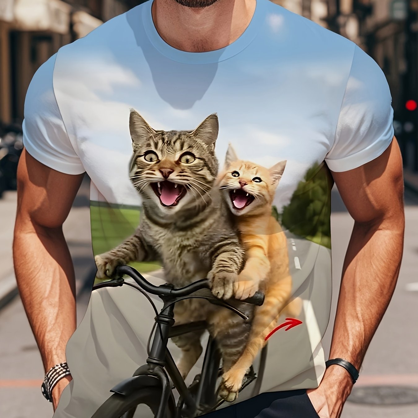 TEMU Printed Design â Not Textured: This Casual T-shirt Is A Must-have For Fashionable Men, Featuring An Adorable Cat Riding A Bicycle Print, Perfec