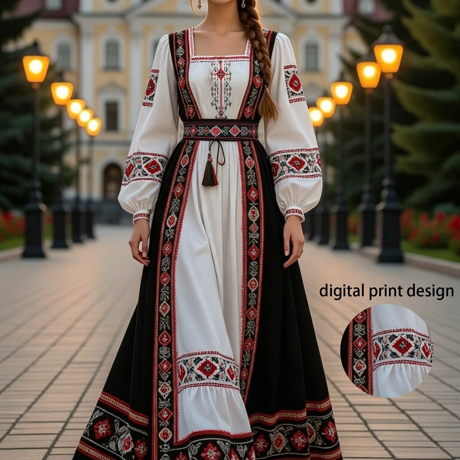 TEMU Ethnic Neck Puff Sleeve Cinched Black And -block Flared Exotic Retro Long Skirt