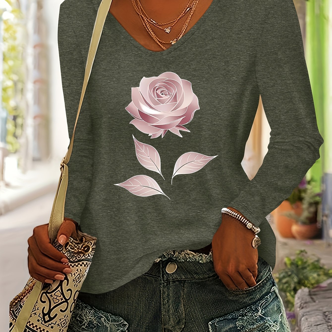 TEMU Pink Floral Print Women's Autumn And Winter Top, Fashionable, Versatile, Easy, Casual, Color V-neck Long-sleeved T-shirt
