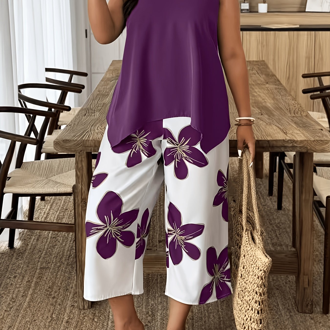 TEMU Plus Size, Plus Size - Plus Size - Tropical Floral Pattern Casual Comfortable Plus Size Women's Set, Suitable For Spring Summer Wear, Easy