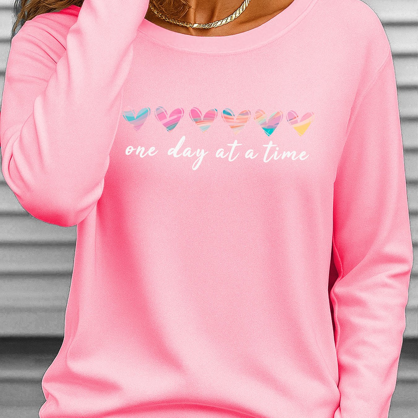 TEMU Plus Size Women's Long Sleeve Round Neck T-shirt 1 Day Colorful Heart Letter Print Ii 985