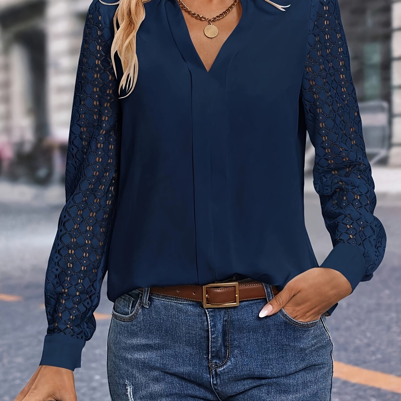 TEMU Lace Splicing Notched Neck Blouse, Elegant Long Sleeve Blouse For Spring & Fall, Women's Clothing