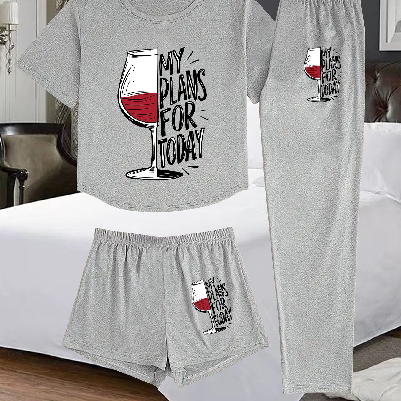 TEMU (standard 1002# Set) Women's Three-piece Set, Printed Design Women's Pajama Three-piece Set, Comfortable Clothing