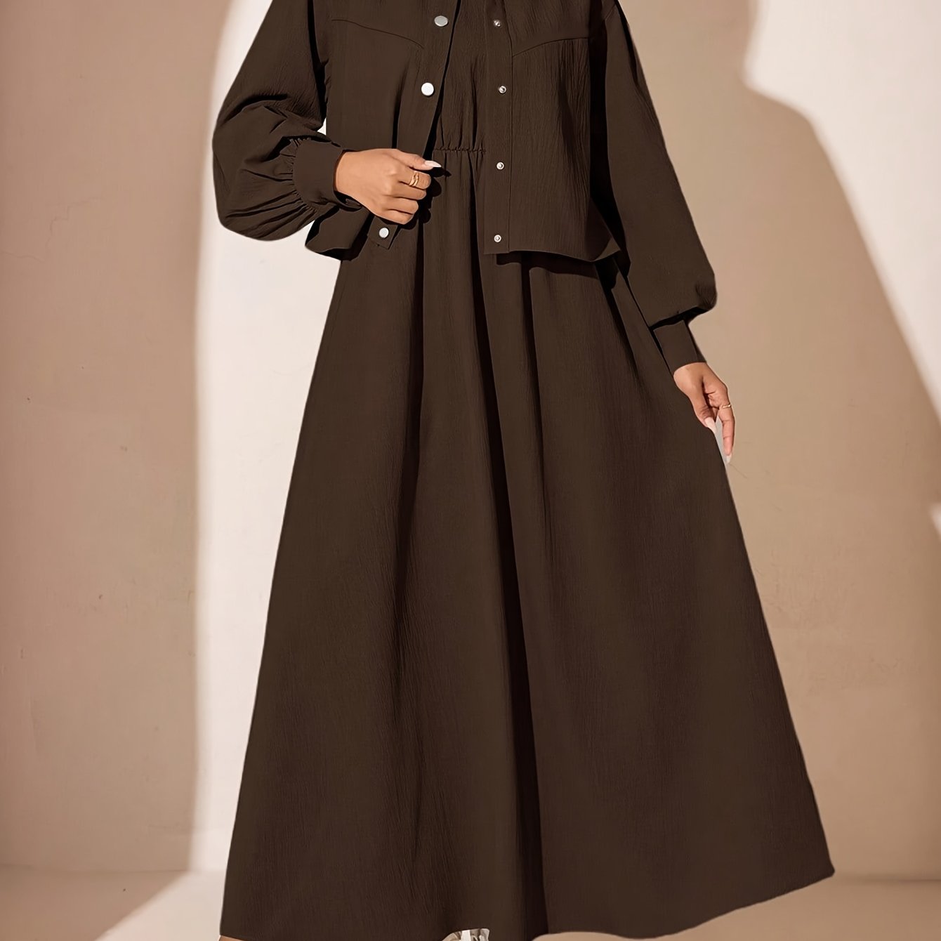 TEMU Women's Pleated Dress And Long Cardigan 2pcs Set, Autumn/winter Style