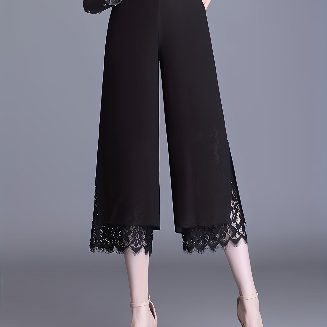TEMU Chiffon Pantalon Large Taille Femme Printemps/Été 2025 Nouveau Bas de Taille Contrasté Dentelle Fente Droit Ample -
